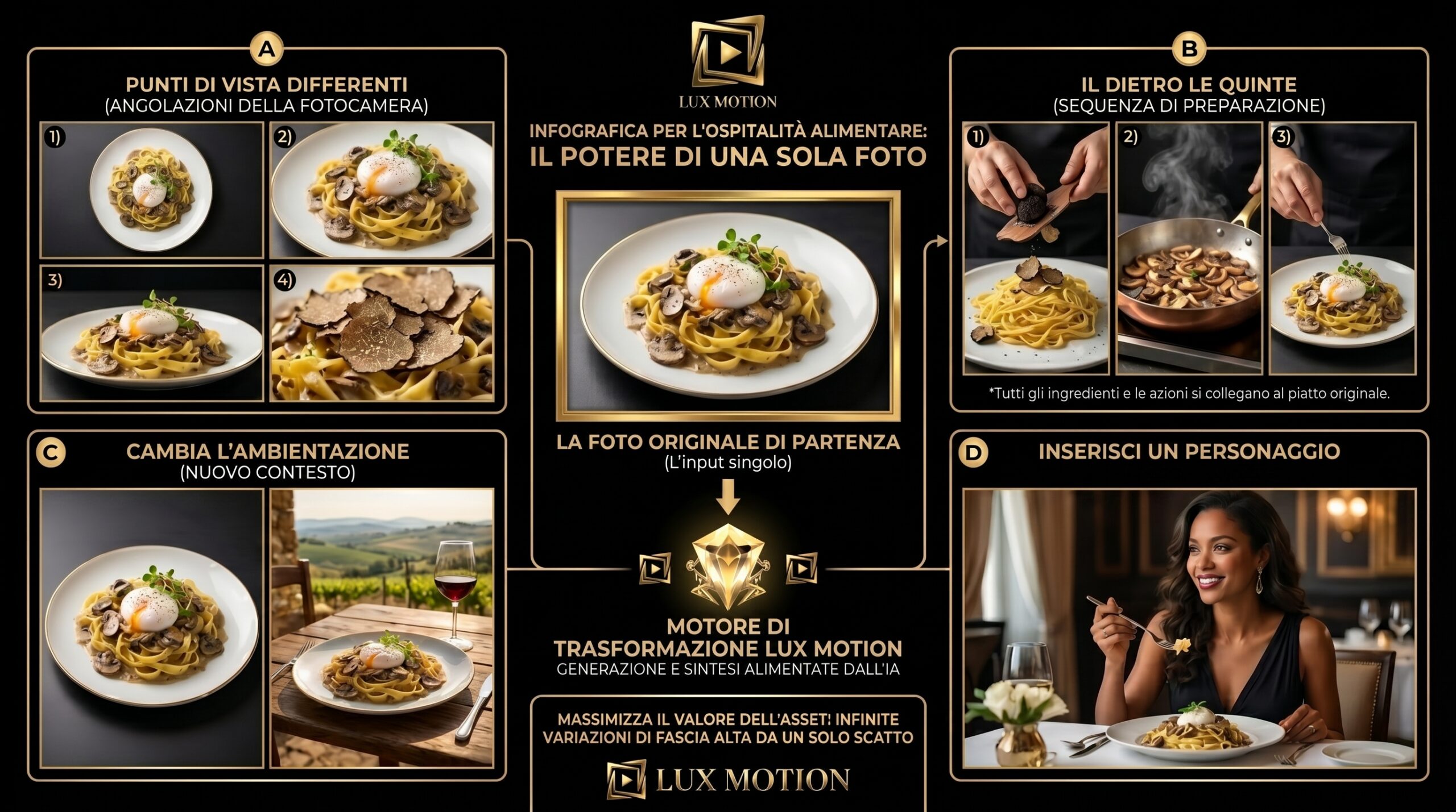 Video AI per ristoranti e food hospitality con contenuti cinematici per piatti gourmet