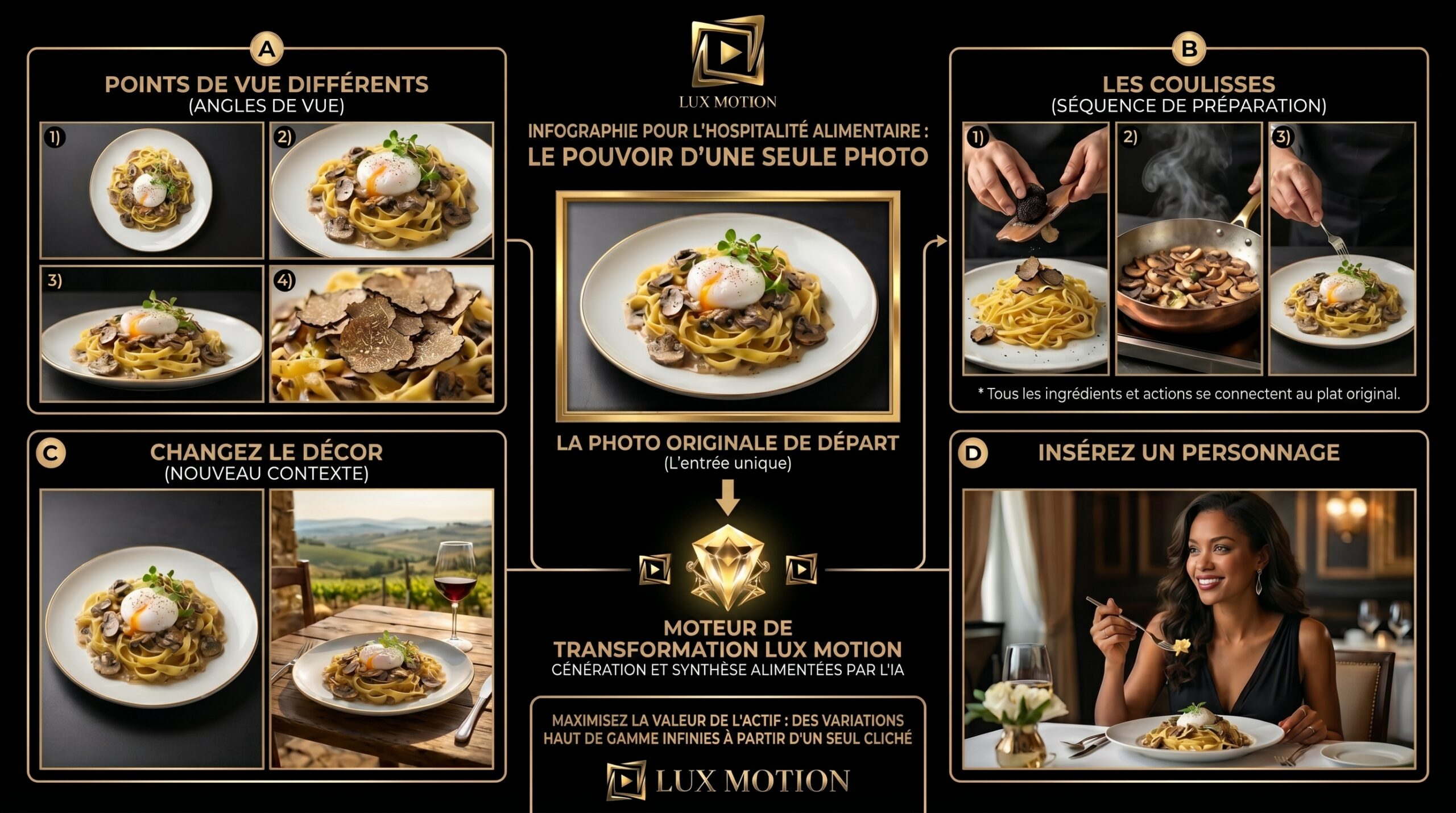 Vidéo IA pour restaurants et hôtellerie avec contenus culinaires cinématographiques à partir de photos de plats