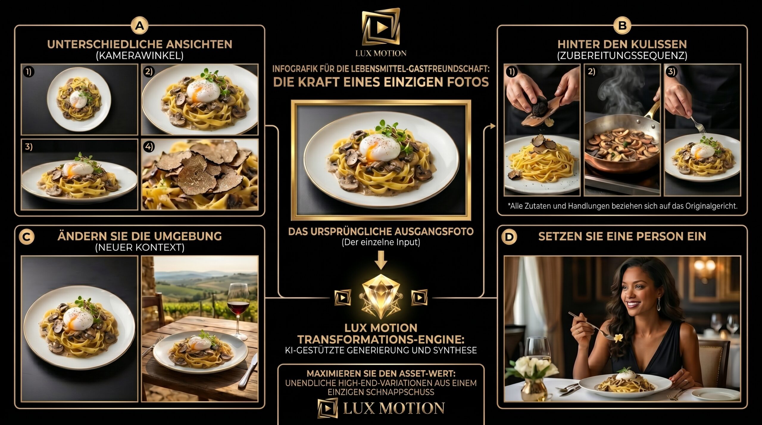 KI-Video für Restaurants und Hotellerie mit filmischen Gastronomieinhalten aus Gerichtfotos