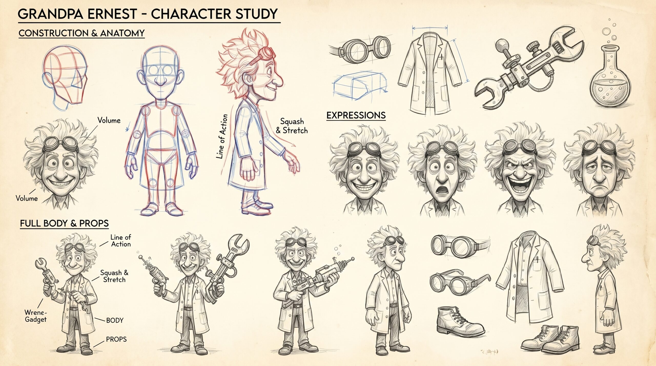 Étude de personnage IA de Grand-père Ernest pour une série animée